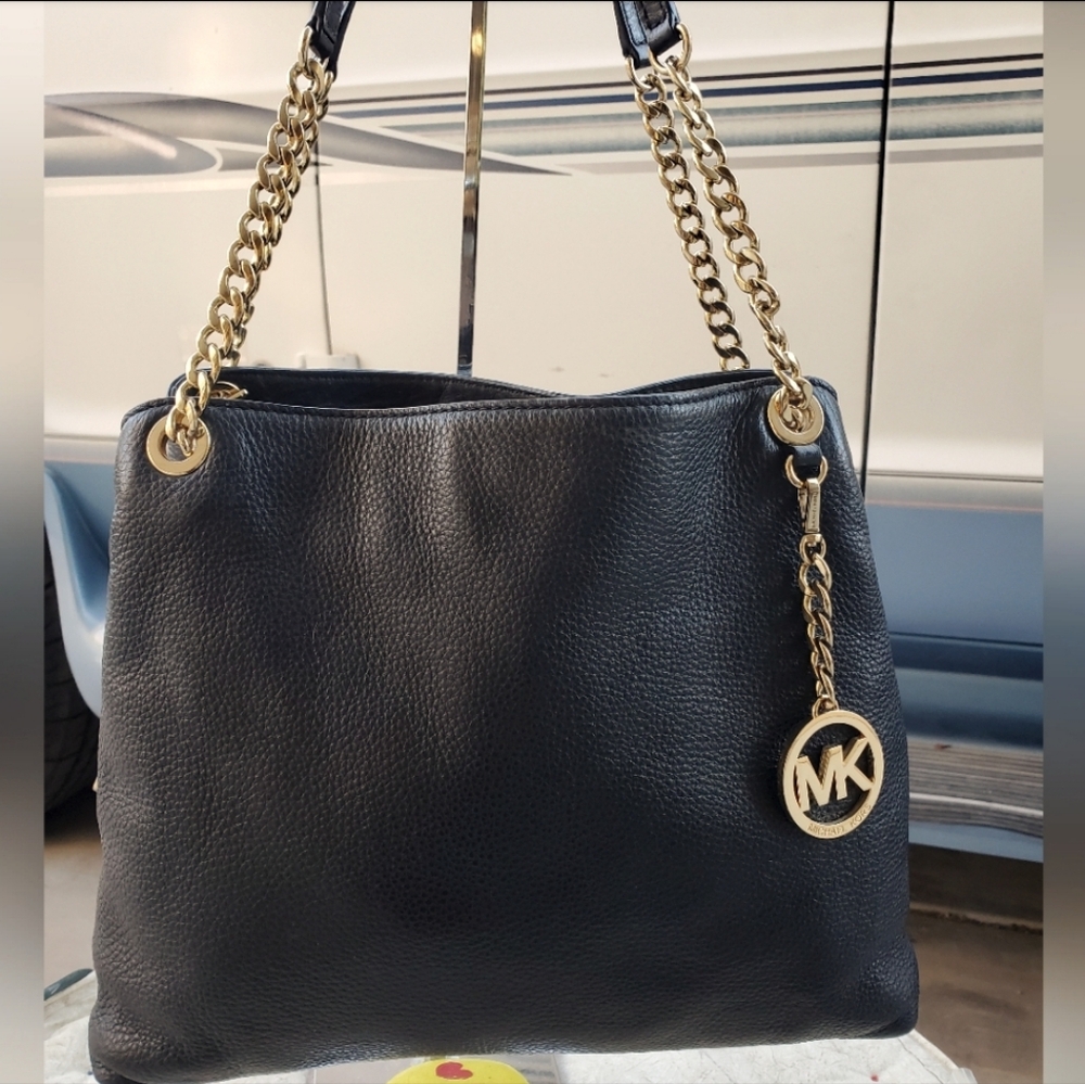 Michael Kors Jet Set Gold Chain & Black Pebble Leather Shoulder Tote Hobo Bag